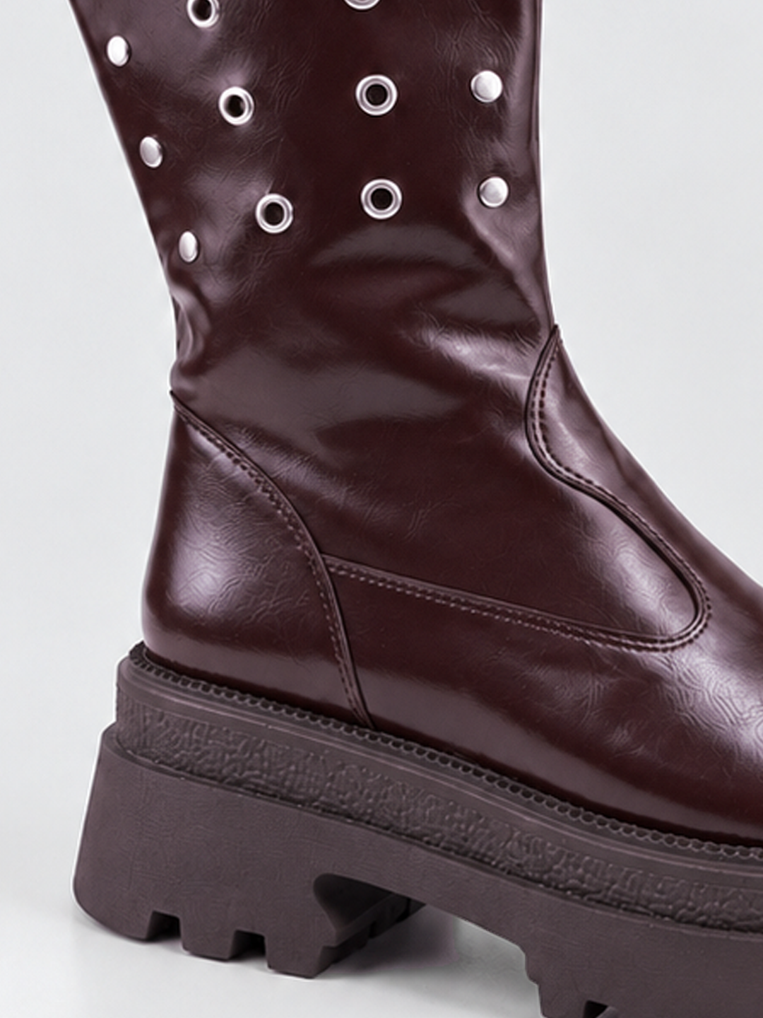 Brown faux leather eyelet platform mid-calf boot – eyelet shaft detail