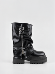 Faux Leather Ruched Double-Buckle Platform Boot – Black