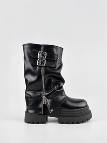 Black faux leather ruched double-buckle platform boot – side view