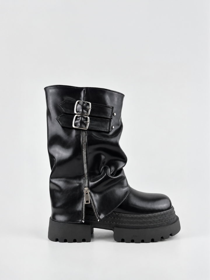 Black faux leather ruched double-buckle platform boot – side view