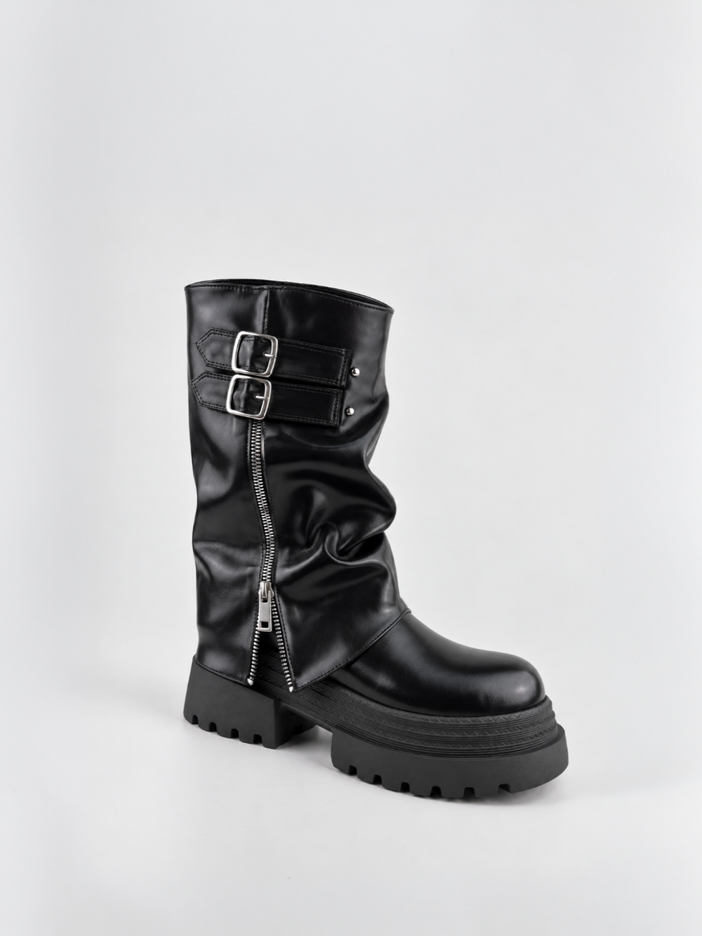 Black faux leather ruched double-buckle platform boot – front three-quarter view