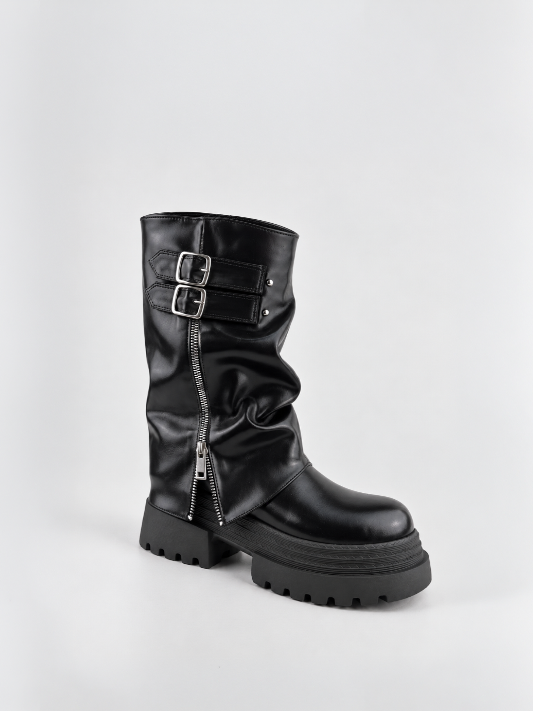 Black faux leather ruched double-buckle platform boot – front three-quarter view