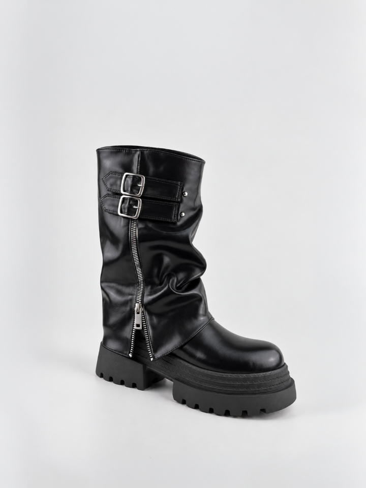 Black faux leather ruched double-buckle platform boot – front three-quarter view