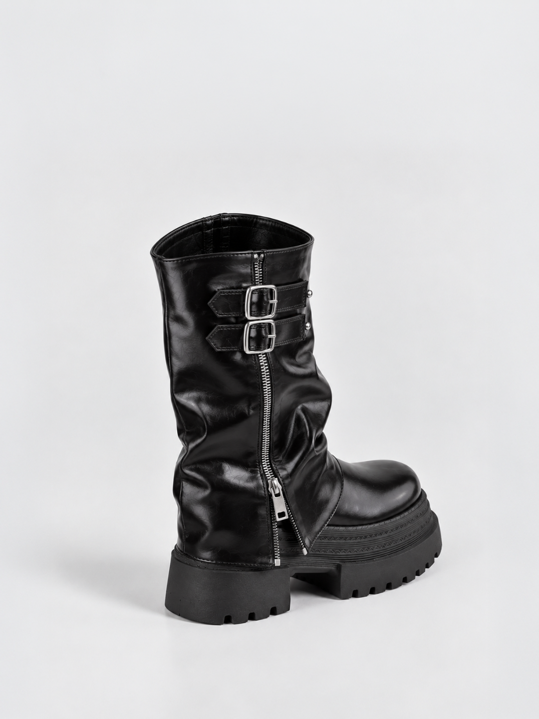 Black faux leather ruched double-buckle platform boot – back three-quarter view