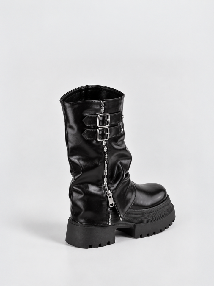 Black faux leather ruched double-buckle platform boot – back three-quarter view