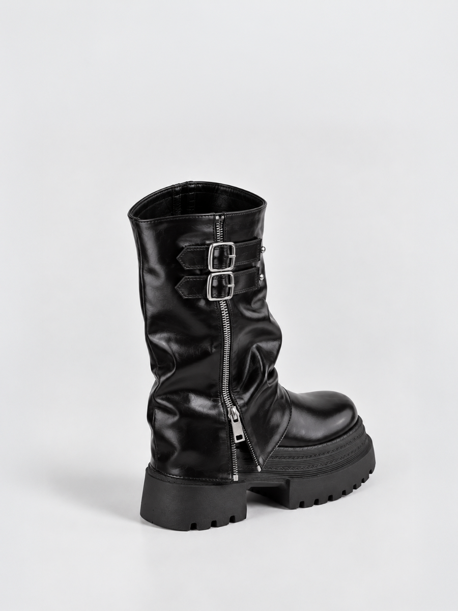 Faux Leather Ruched Double-Buckle Platform Boot – Black