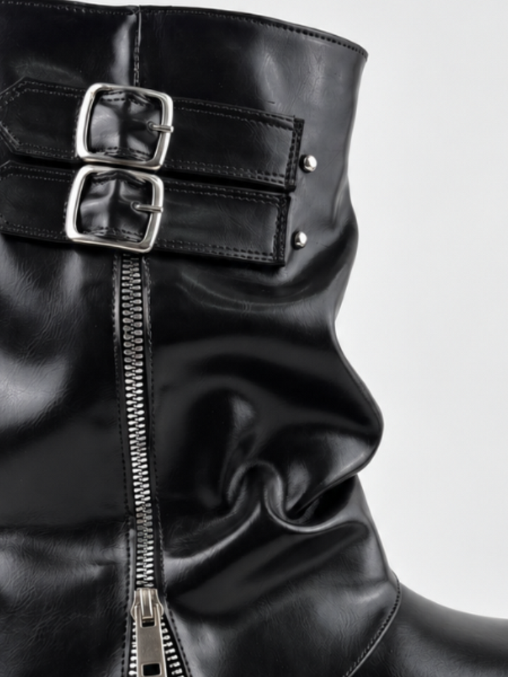 Black faux leather ruched double-buckle platform boot – double buckle close-up