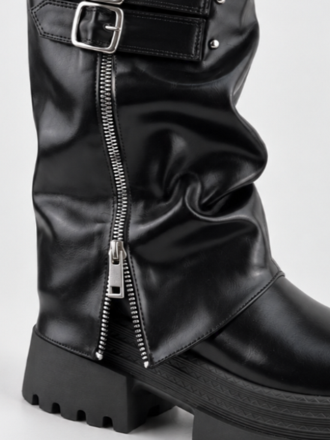 Black faux leather ruched double-buckle platform boot – side zip detail