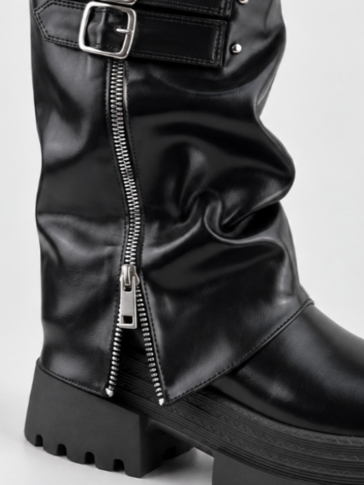 Black faux leather ruched double-buckle platform boot – side zip detail