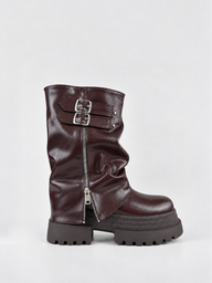 Faux Leather Ruched Double-Buckle Platform Boot – Brown