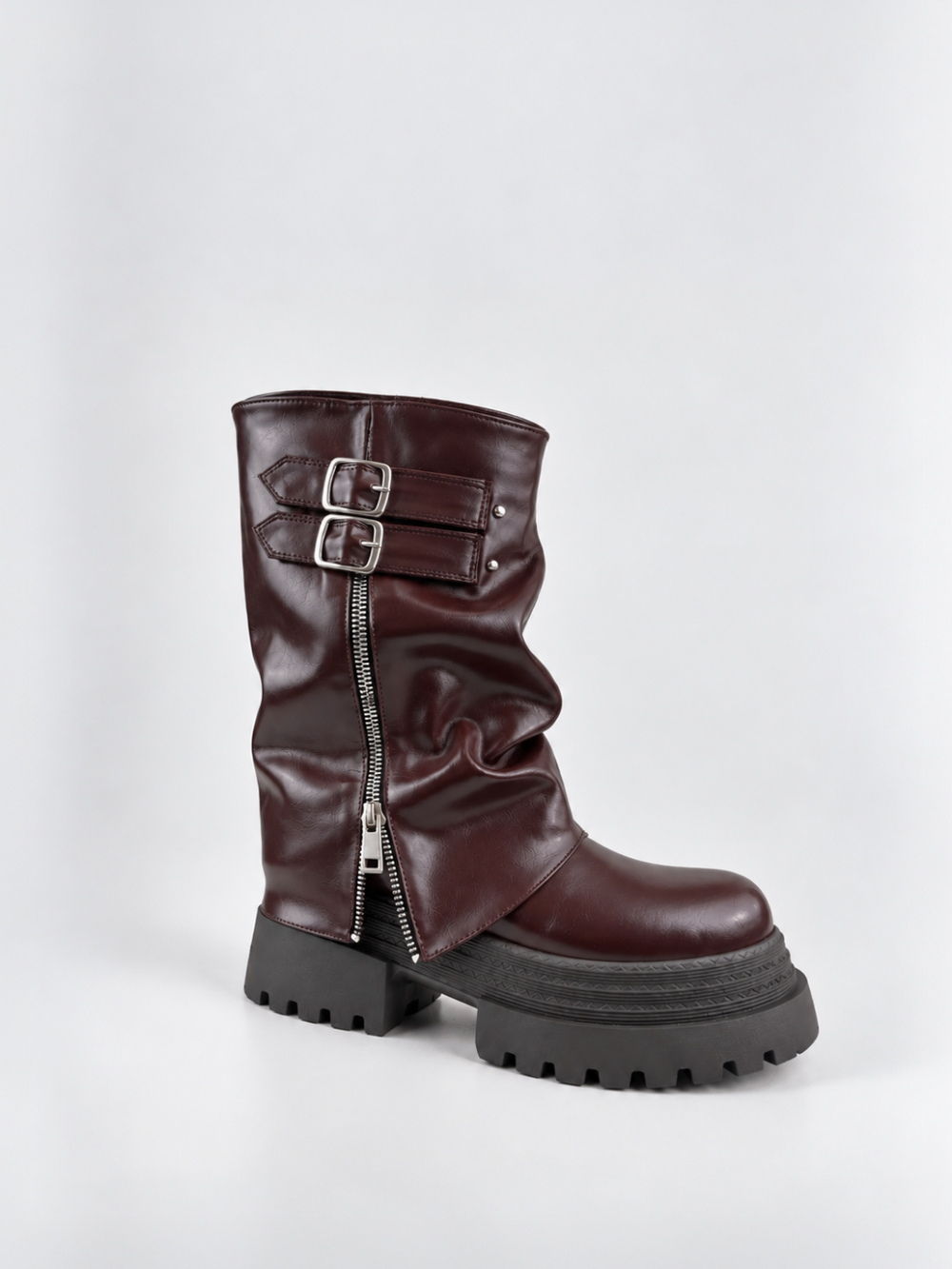 Brown faux leather ruched double-buckle platform boot – front three-quarter view