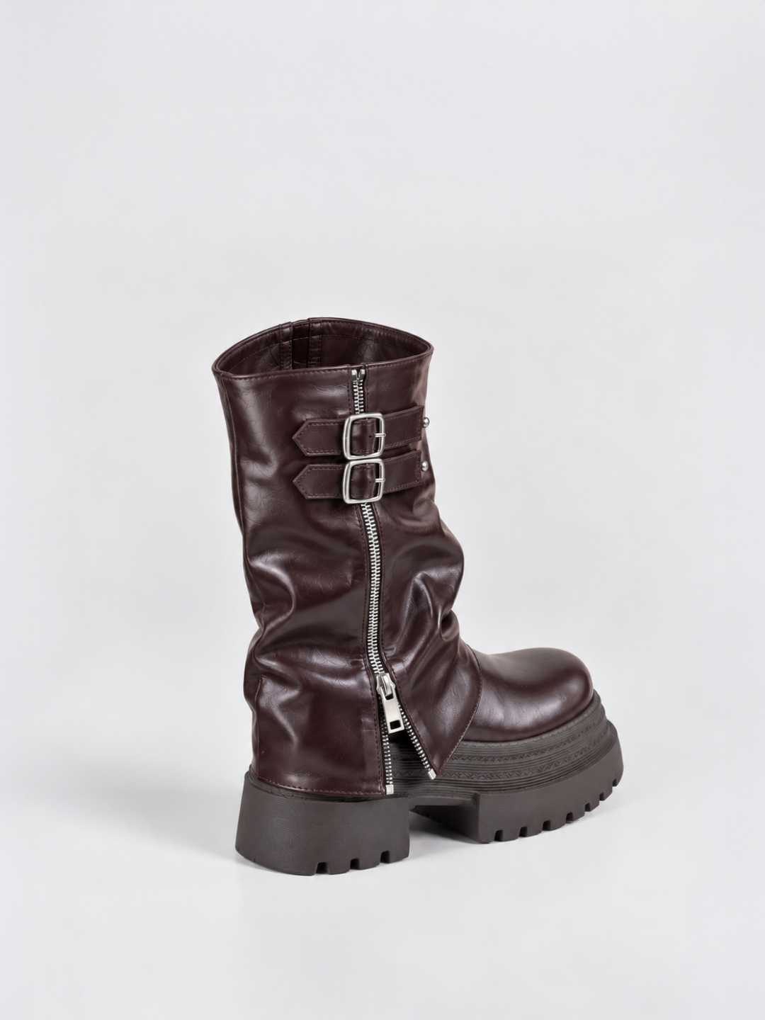 Brown faux leather ruched double-buckle platform boot – back three-quarter view