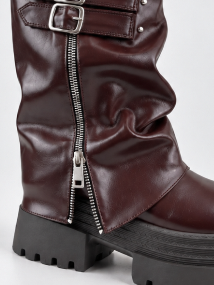Brown faux leather ruched double-buckle platform boot – side zip detail