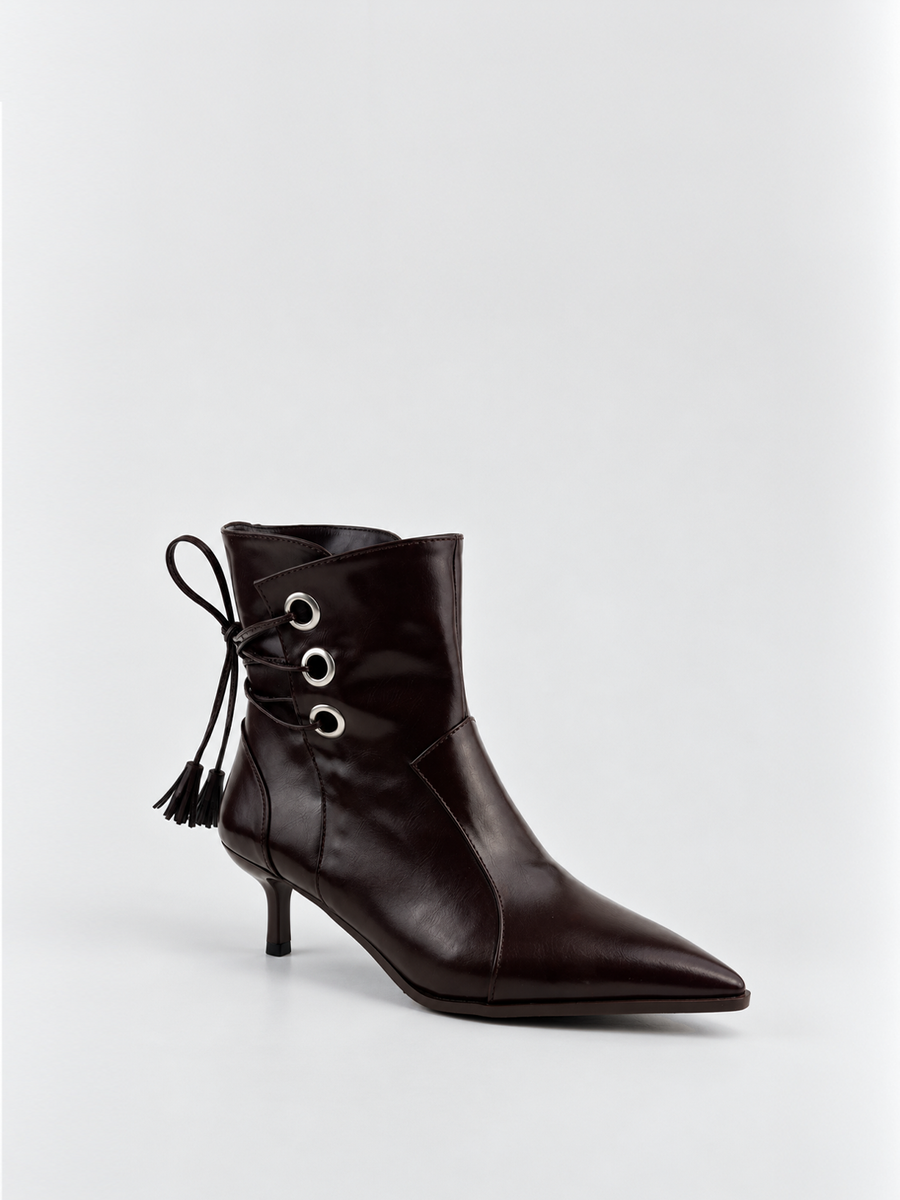 Faux Leather Tassel Tie Kitten Heel Ankle Boot – Black