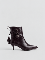 Faux Leather Tassel Tie Kitten Heel Ankle Boot – Black