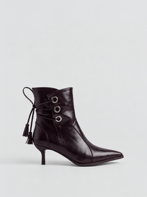 Black faux leather tassel tie kitten heel ankle boot – side view