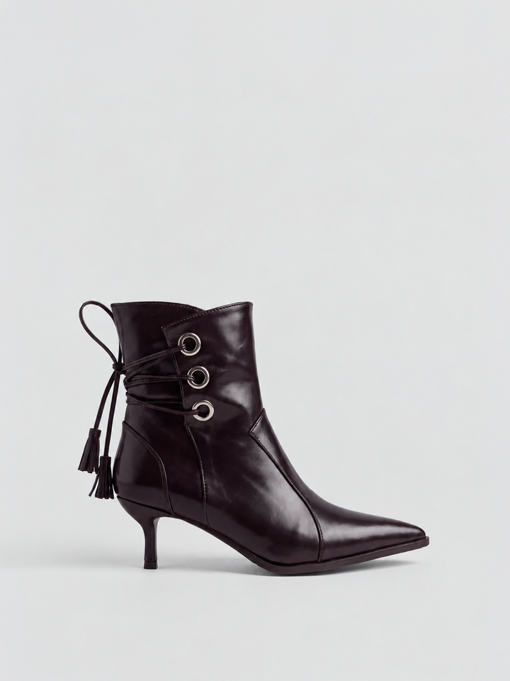 Black faux leather tassel tie kitten heel ankle boot – side view