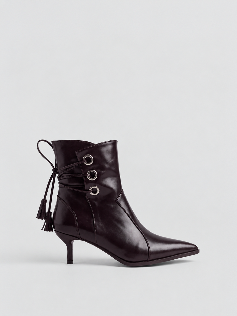 Faux Leather Tassel Tie Kitten Heel Ankle Boot – Black