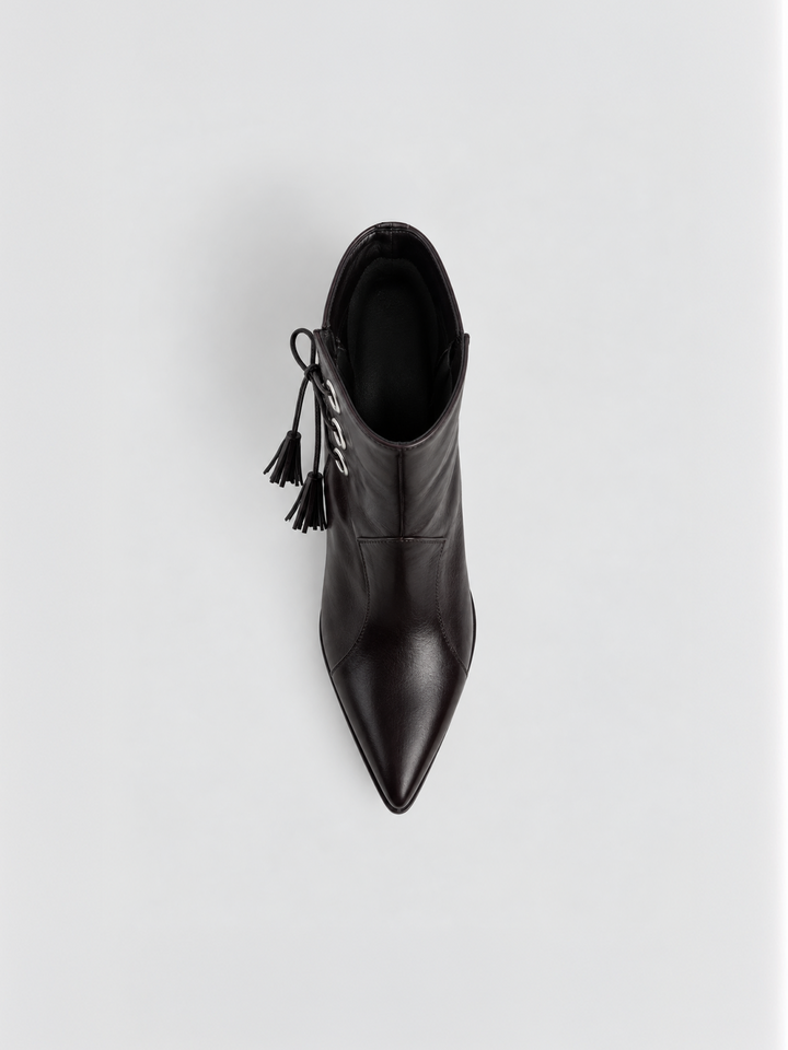 Black faux leather tassel tie kitten heel ankle boot – top view