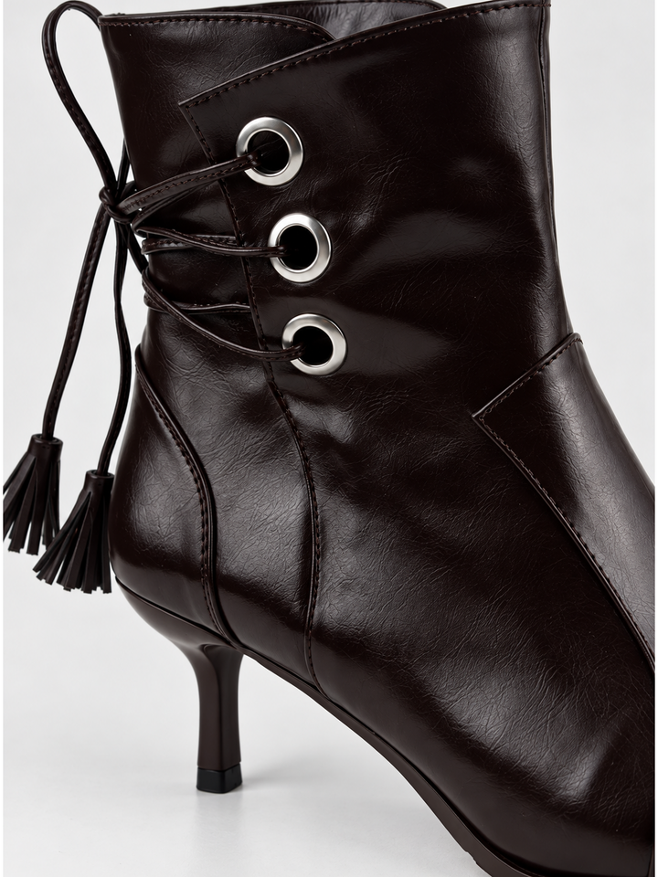Black faux leather tassel tie kitten heel ankle boot – eyelet tie and tassel detail