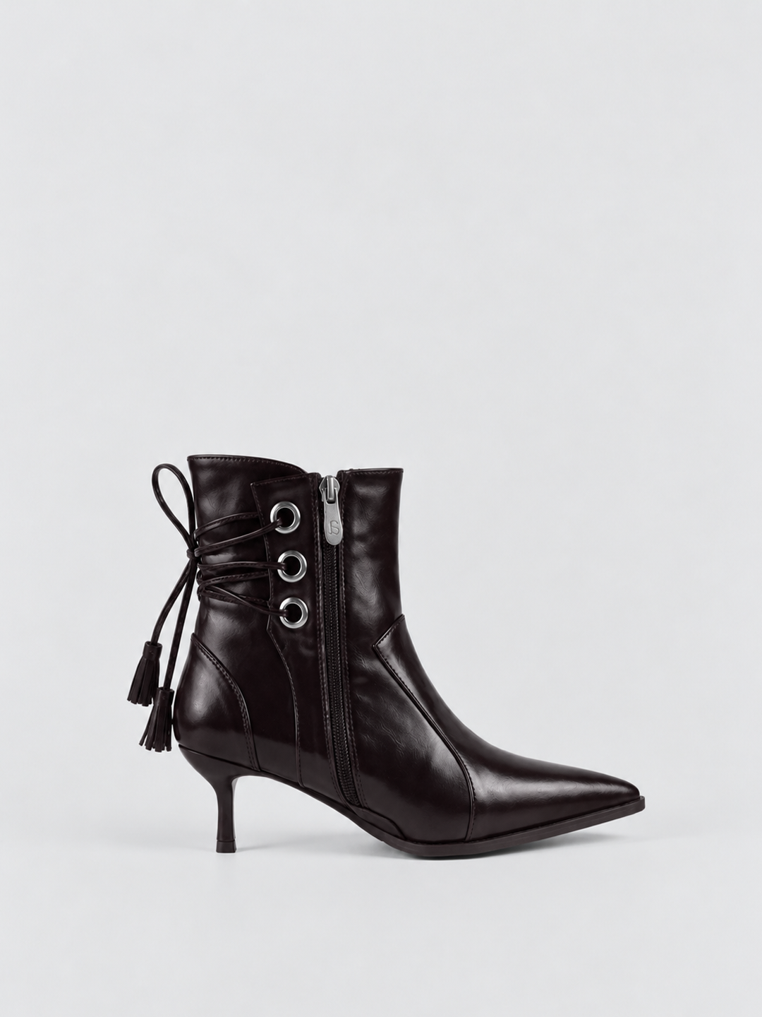 Black tassel tie kitten heel ankle boot faux leather – side view showing the zip