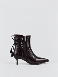 Tassel Tie Kitten Heel Ankle Boot Faux Leather – Black