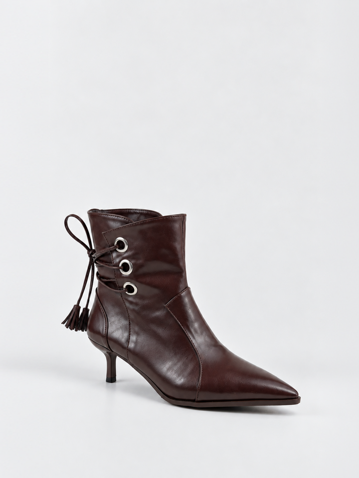 Brown faux leather tassel tie kitten heel ankle boot – front three-quarter view