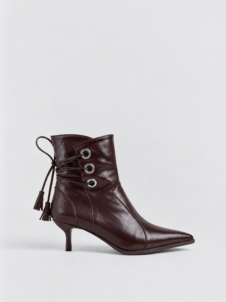 Brown faux leather tassel tie kitten heel ankle boot – side view