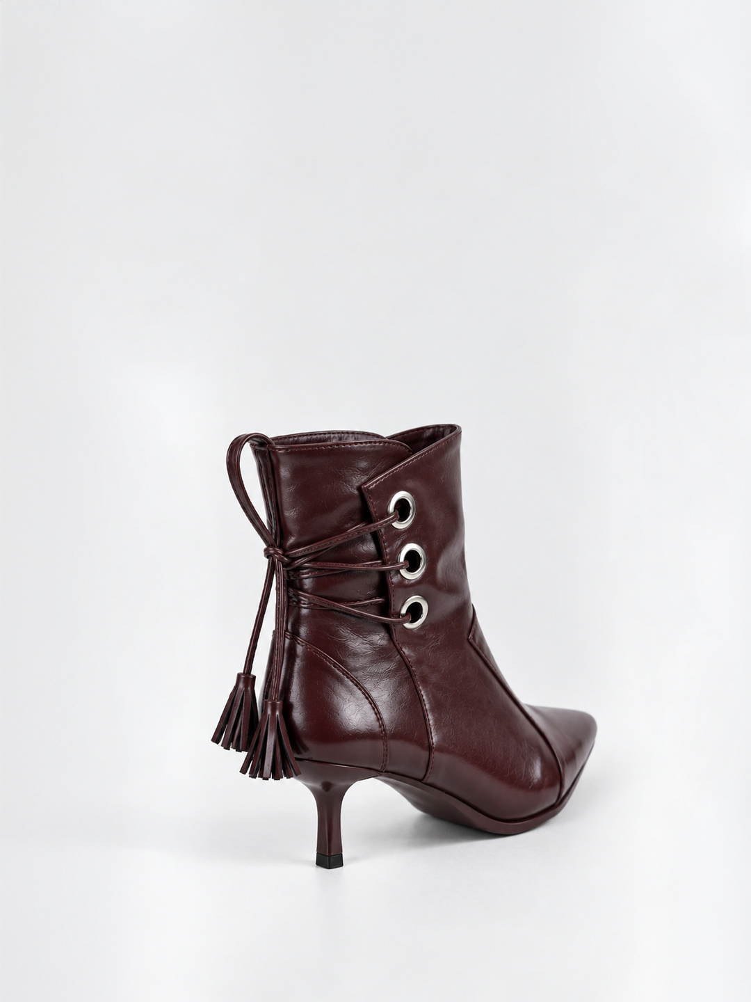 Brown faux leather tassel tie kitten heel ankle boot – back three-quarter view