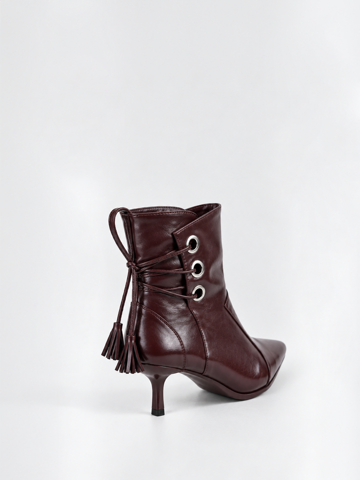 Brown faux leather tassel tie kitten heel ankle boot – back three-quarter view