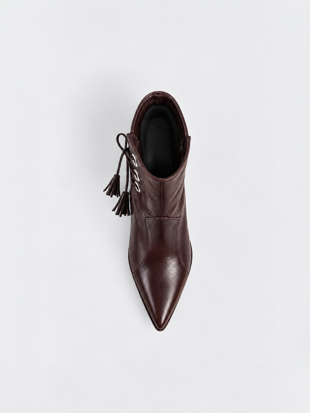 Brown faux leather tassel tie kitten heel ankle boot – top view