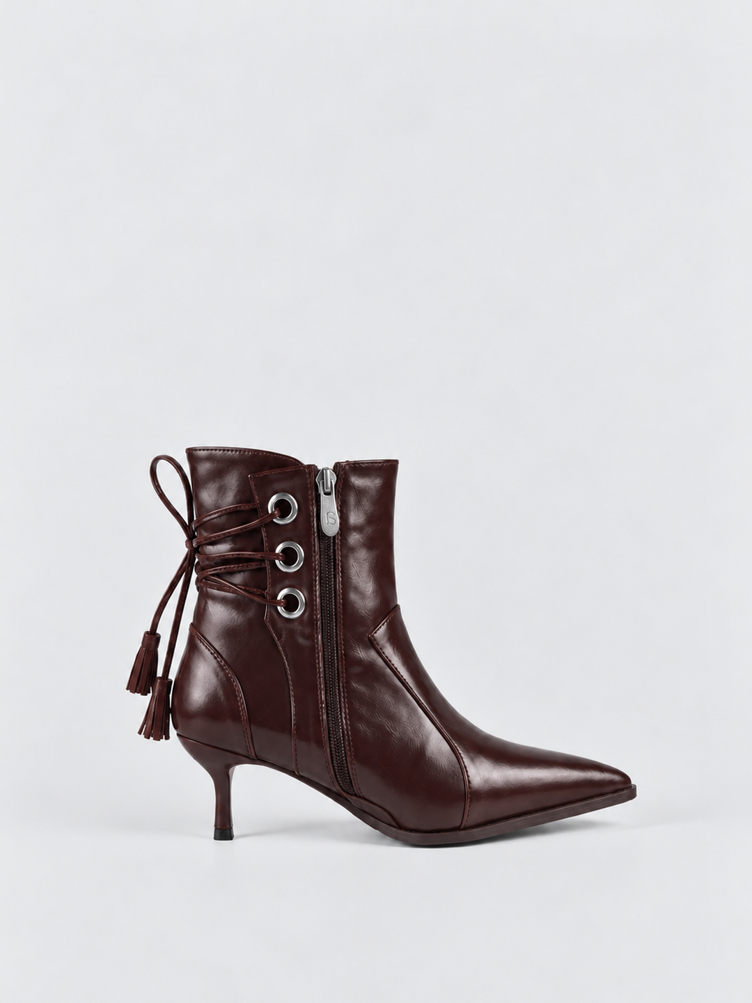 Brown tassel tie kitten heel ankle boot faux leather – side view showing the zip