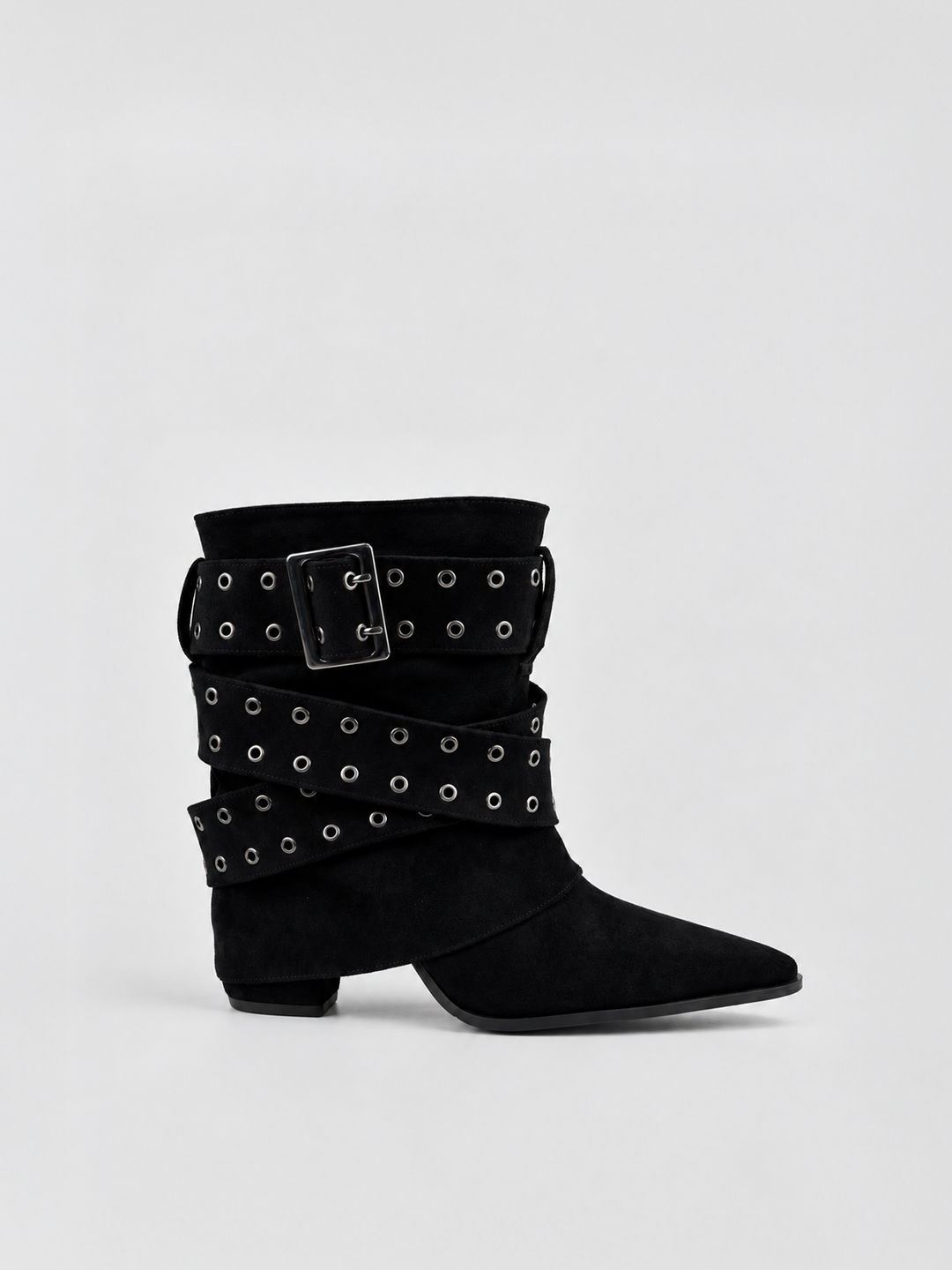 Black faux suede buckle strap slouch ankle boot – side view