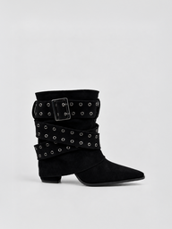 Faux Suede Buckle Strap Slouch Ankle Boot – Black