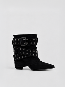 Black faux suede buckle strap slouch ankle boot – side view