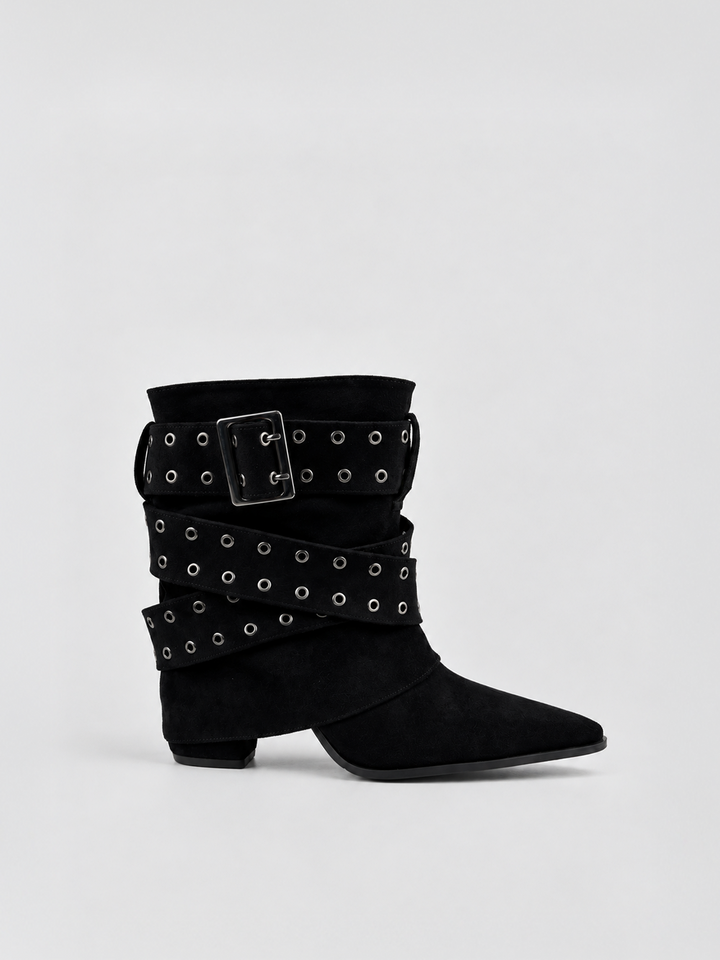Black faux suede buckle strap slouch ankle boot – side view