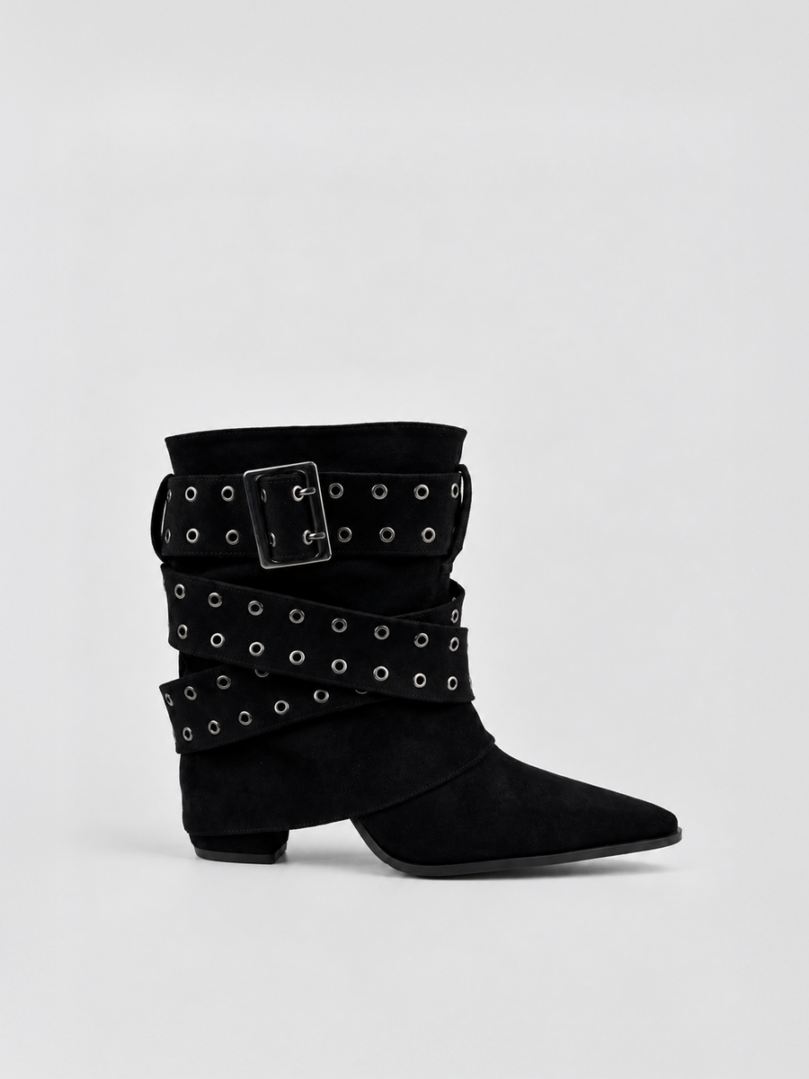 Faux Suede Buckle Strap Slouch Ankle Boot – Black