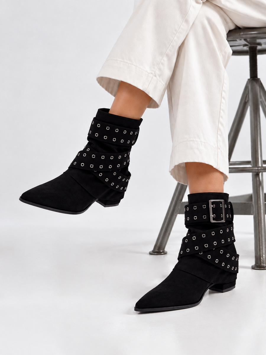 Faux Suede Buckle Strap Slouch Ankle Boot – Black