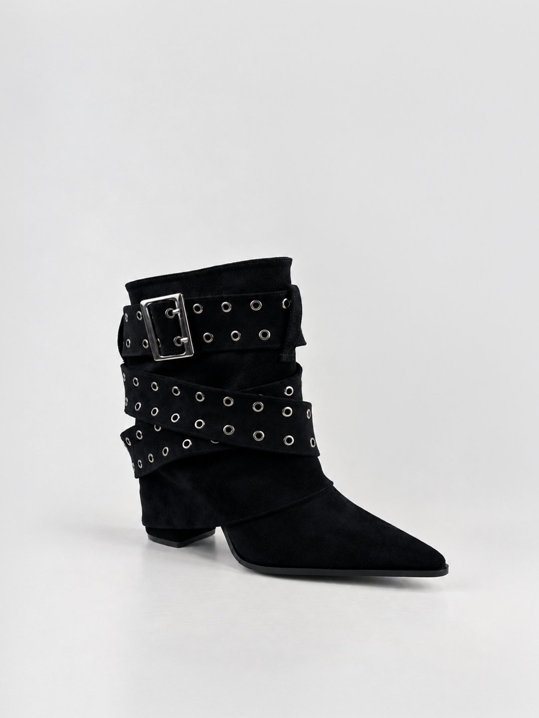 Black faux suede buckle strap slouch ankle boot – three-quarter view