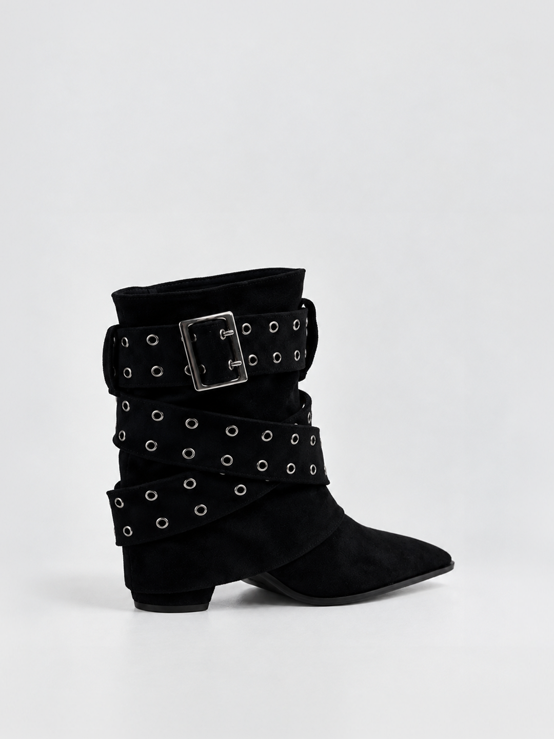 Black faux suede buckle strap slouch ankle boot – front three-quarter view