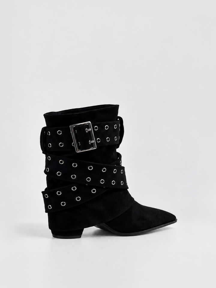 Black faux suede buckle strap slouch ankle boot – front three-quarter view