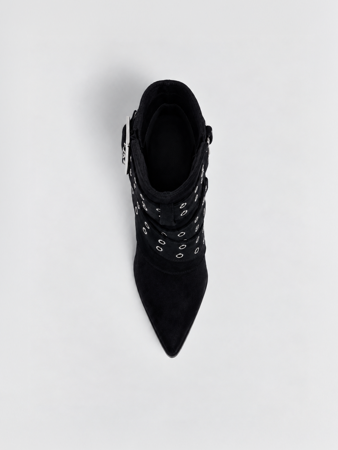 Black faux suede buckle strap slouch ankle boot – top view