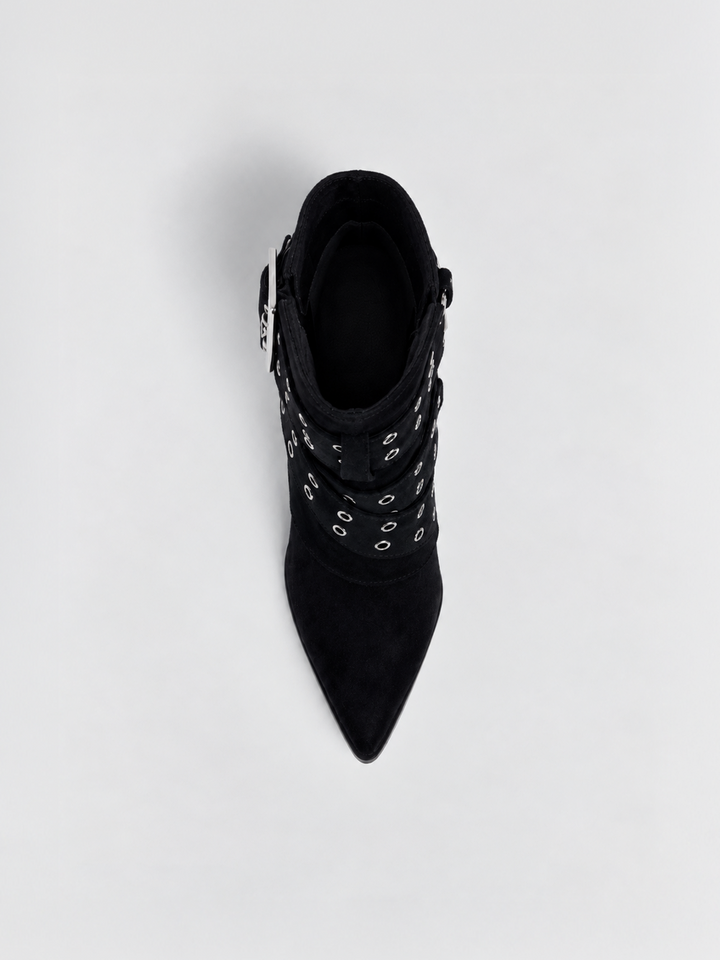 Black faux suede buckle strap slouch ankle boot – top view