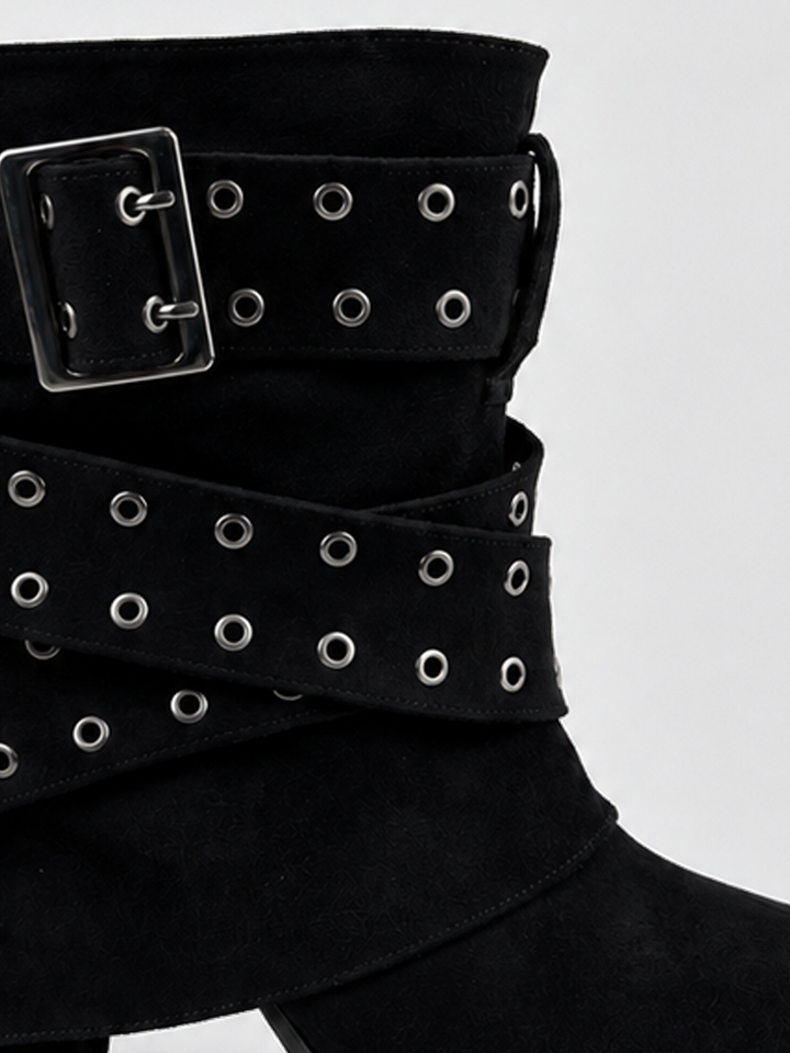 Black faux suede buckle strap slouch ankle boot – buckle strap close-up