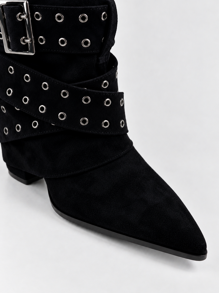 Black faux suede buckle strap slouch ankle boot – pointed toe close-up
