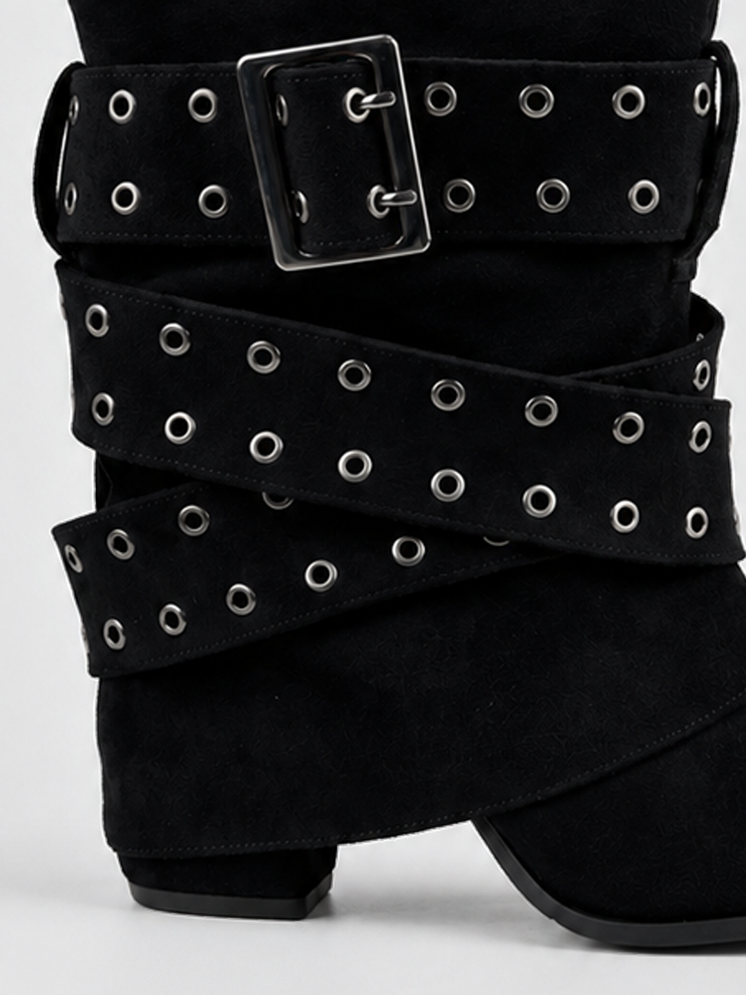 Black faux suede buckle strap slouch ankle boot – buckle and eyelet strap detail