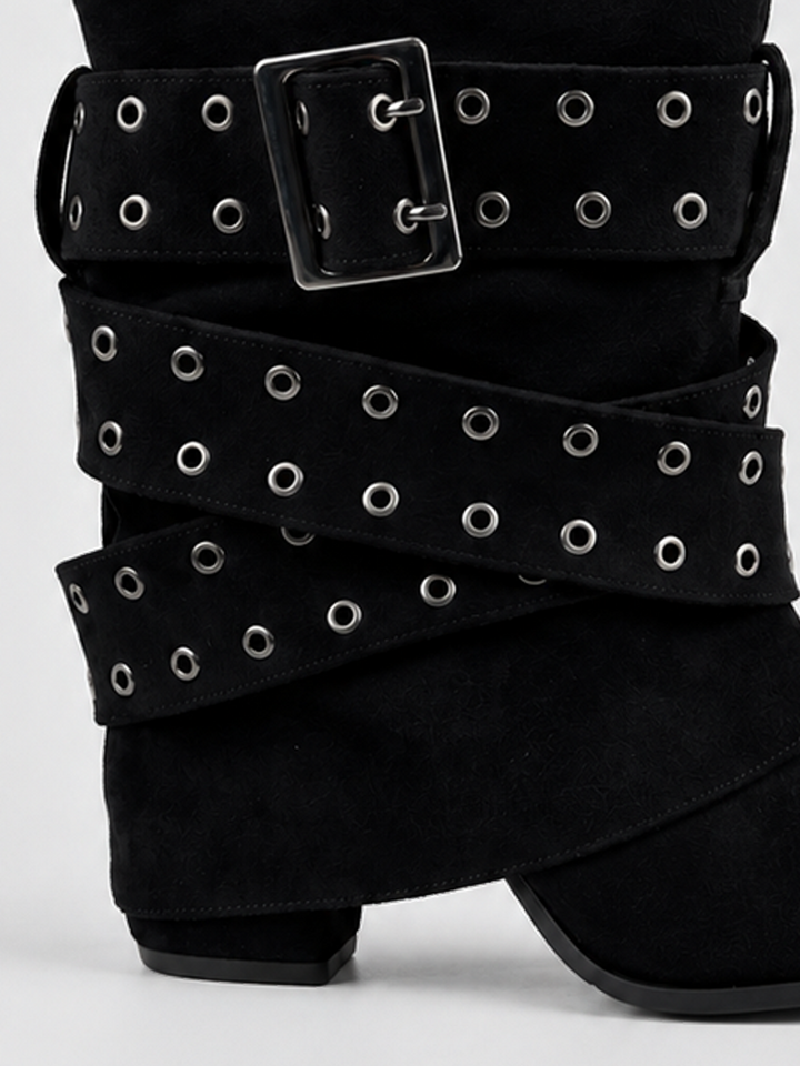 Black faux suede buckle strap slouch ankle boot – buckle and eyelet strap detail
