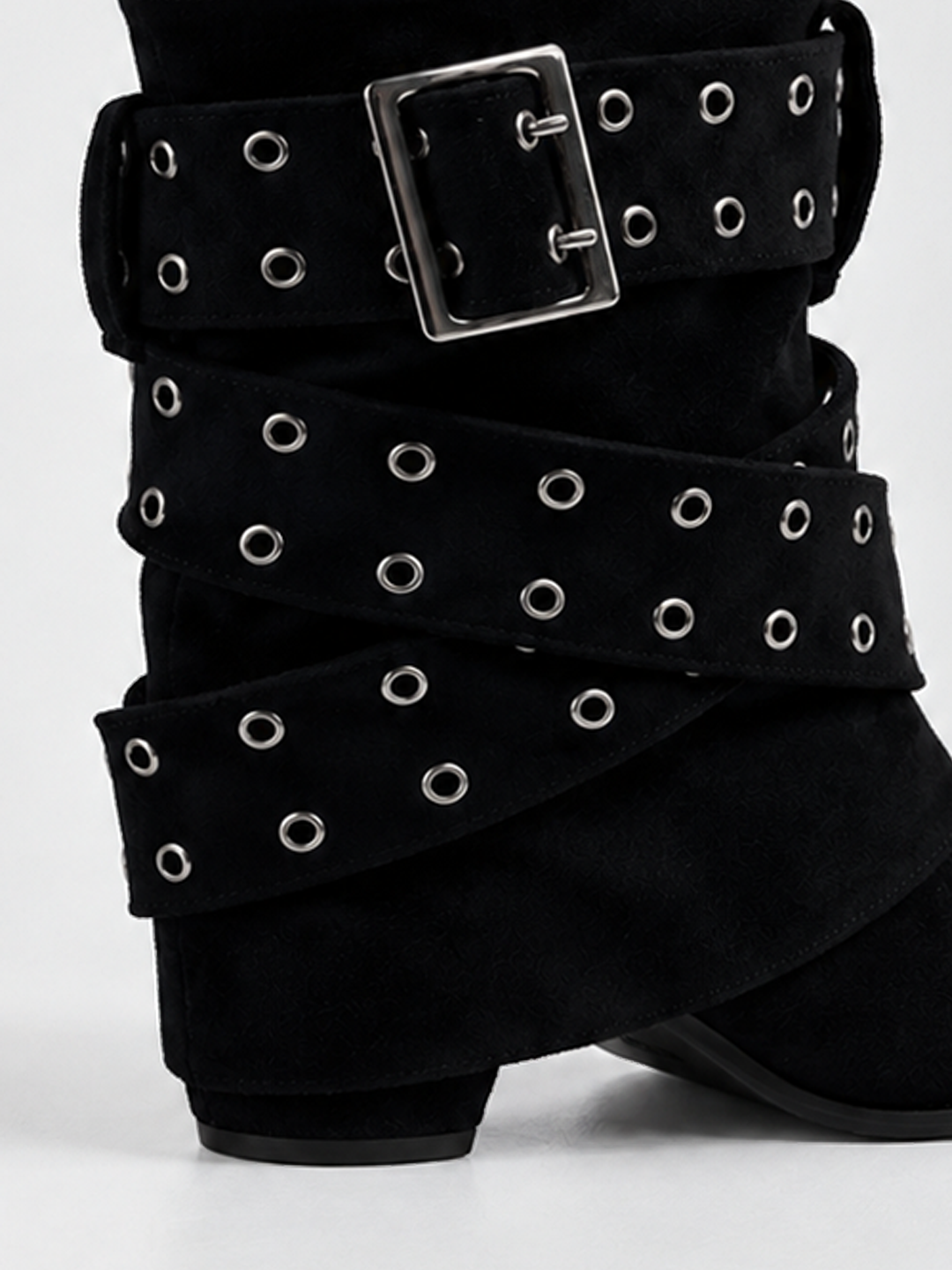 Black faux suede buckle strap slouch ankle boot – buckle and wrapped strap detail