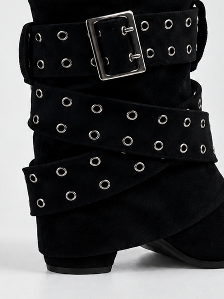 Black faux suede buckle strap slouch ankle boot – buckle and wrapped strap detail