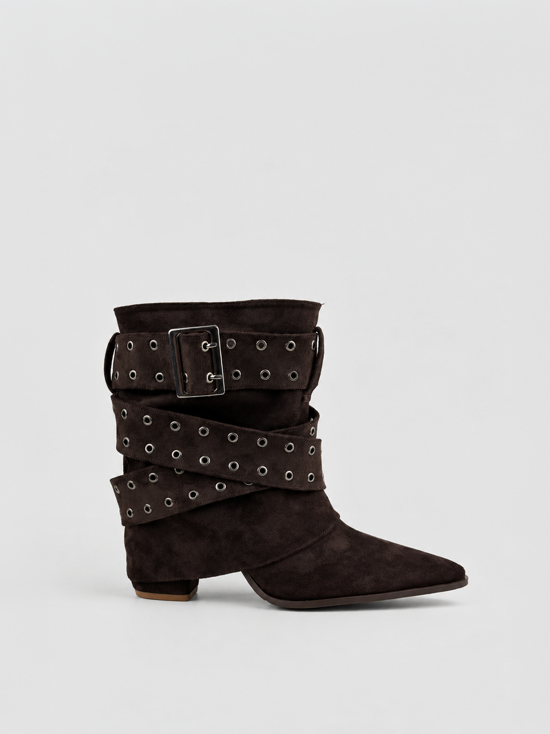 Brown faux suede buckle strap slouch ankle boot – side view